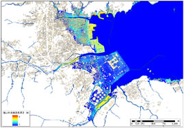 三重県太平洋岸の市街地に押し寄せる津波の高さ予測図
